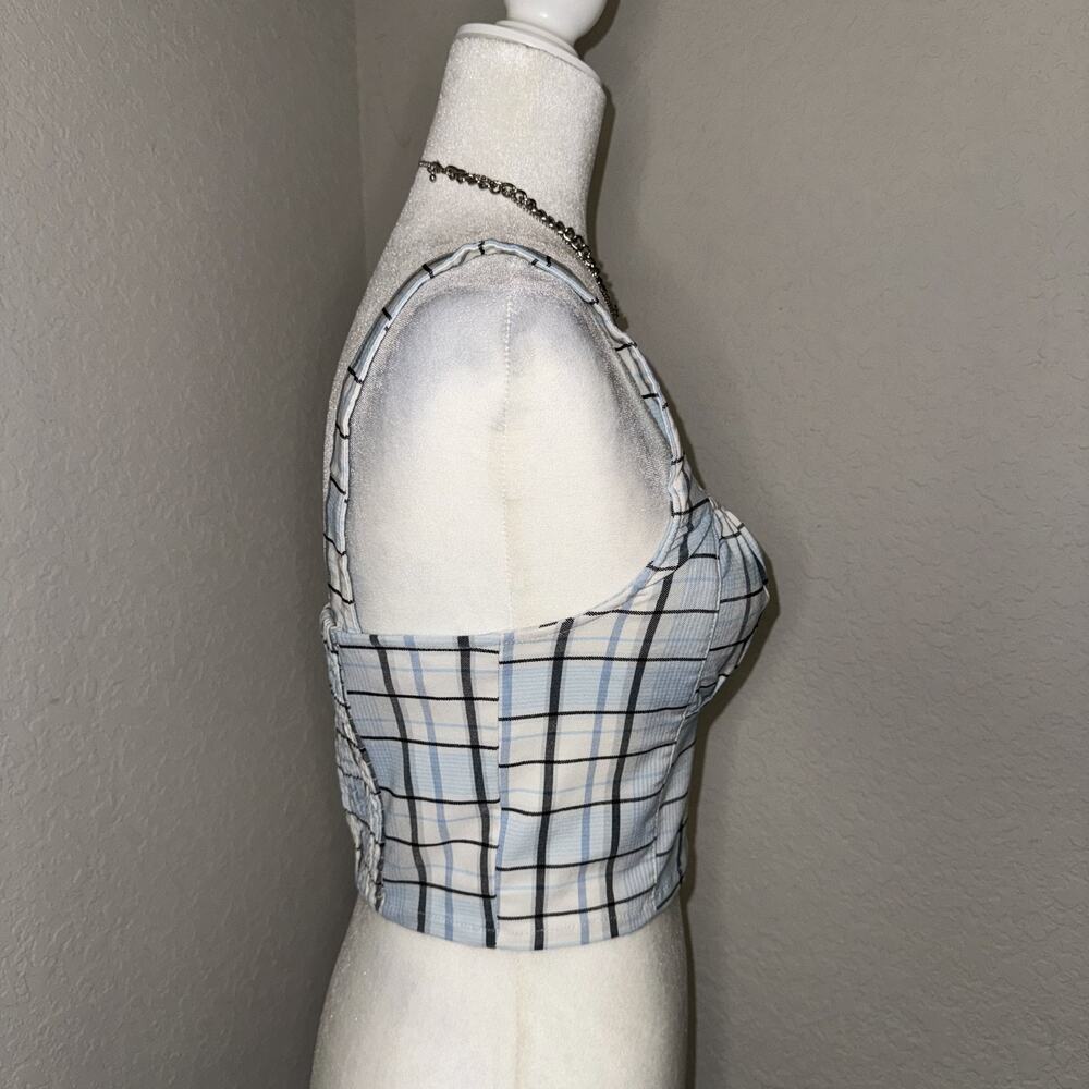 Forever 21 Crop Top Women's Small Blue Plaid Square Neck Smock Back Cottagecore - Picture 2 of 7